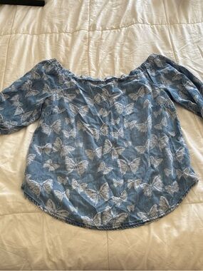 INC International Concepts Blue Off-Shoulder Butterfly Print Blouse
